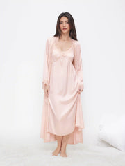 Two-piece Satin V-neck Maxi Nightdress & Lace Lettuce Trim Robe With Belt