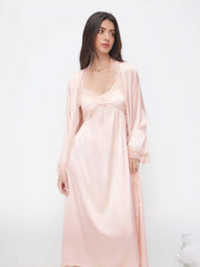 Two-piece Satin V-neck Maxi Nightdress & Lace Lettuce Trim Robe With Belt