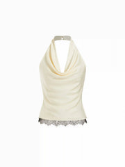 Satin Halter Neck Lace Trim Ruched Top