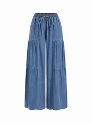 Denim Mid Rise Drawstring Ruched Wide Leg Jeans