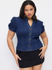 Stretch Denim Collar V-neck Short Sleeve Blouse Curve & Plus