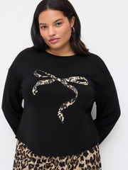 Bowknot Leopard Print Oversized Top & High Rise Elastic Waist Straight Leg Trousers Loungewear Set Curve & Plus