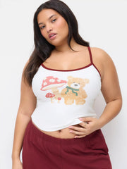 Mushroom & Bear Graphic Cotton-blend Cami Top & Mid Rise Wide Leg Trousers Loungewear Set Curve & Plus