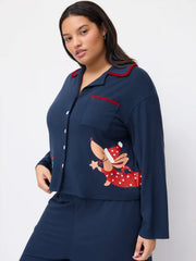 Christmas Dog Graphic Oversized Top & Mid Rise Wide Leg Trousers Loungewear Set Curve & Plus