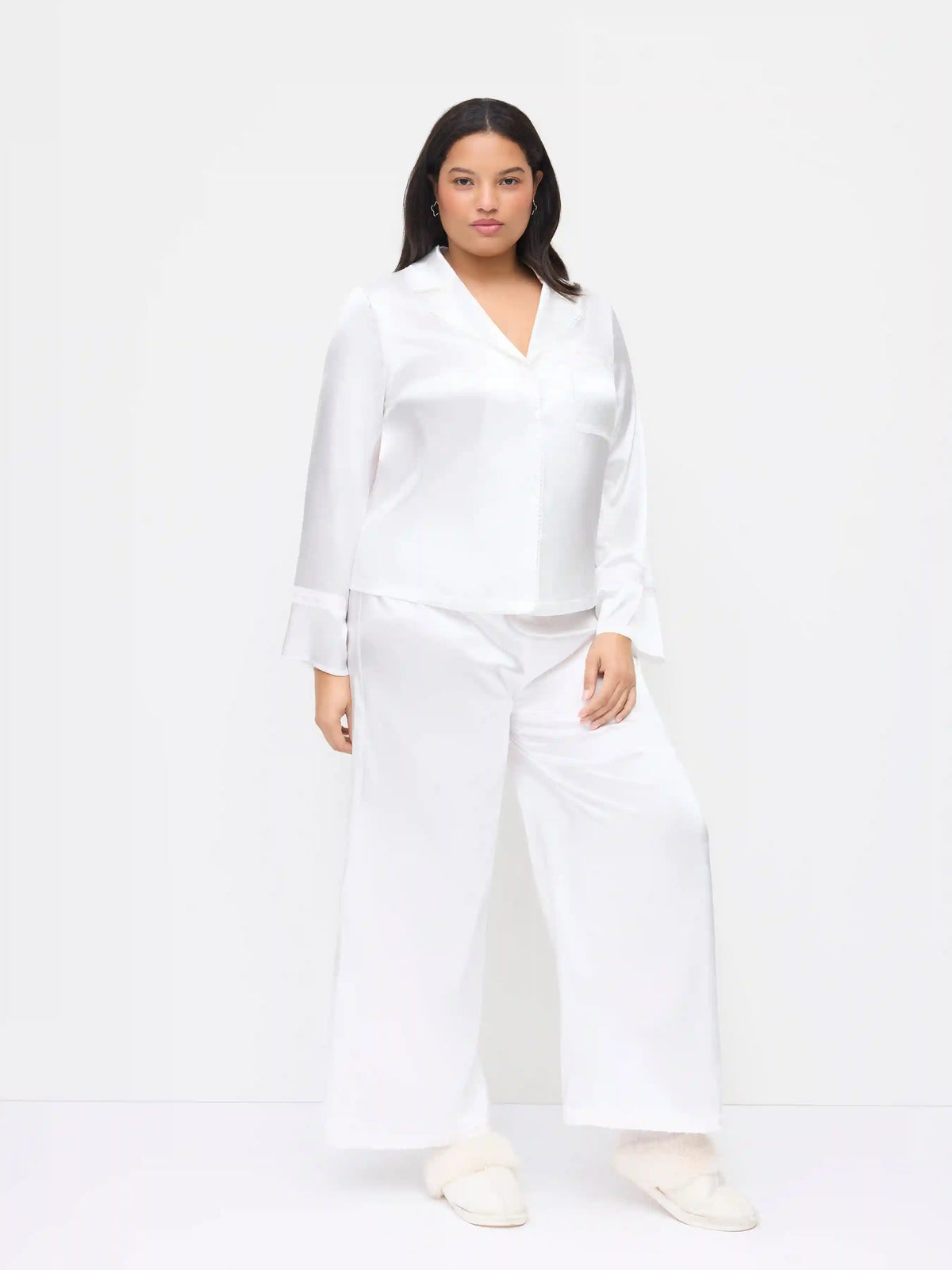 Satin Collar Lace Oversized Top & High Rise Wide Leg Trousers Loungewear Set