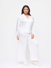 Satin Collar Lace Oversized Top & High Rise Wide Leg Trousers Loungewear Set