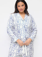 Collar Floral Oversized Top & Mid Rise Drawstring Wide Leg Trousers Loungewear Set Curve & Plus