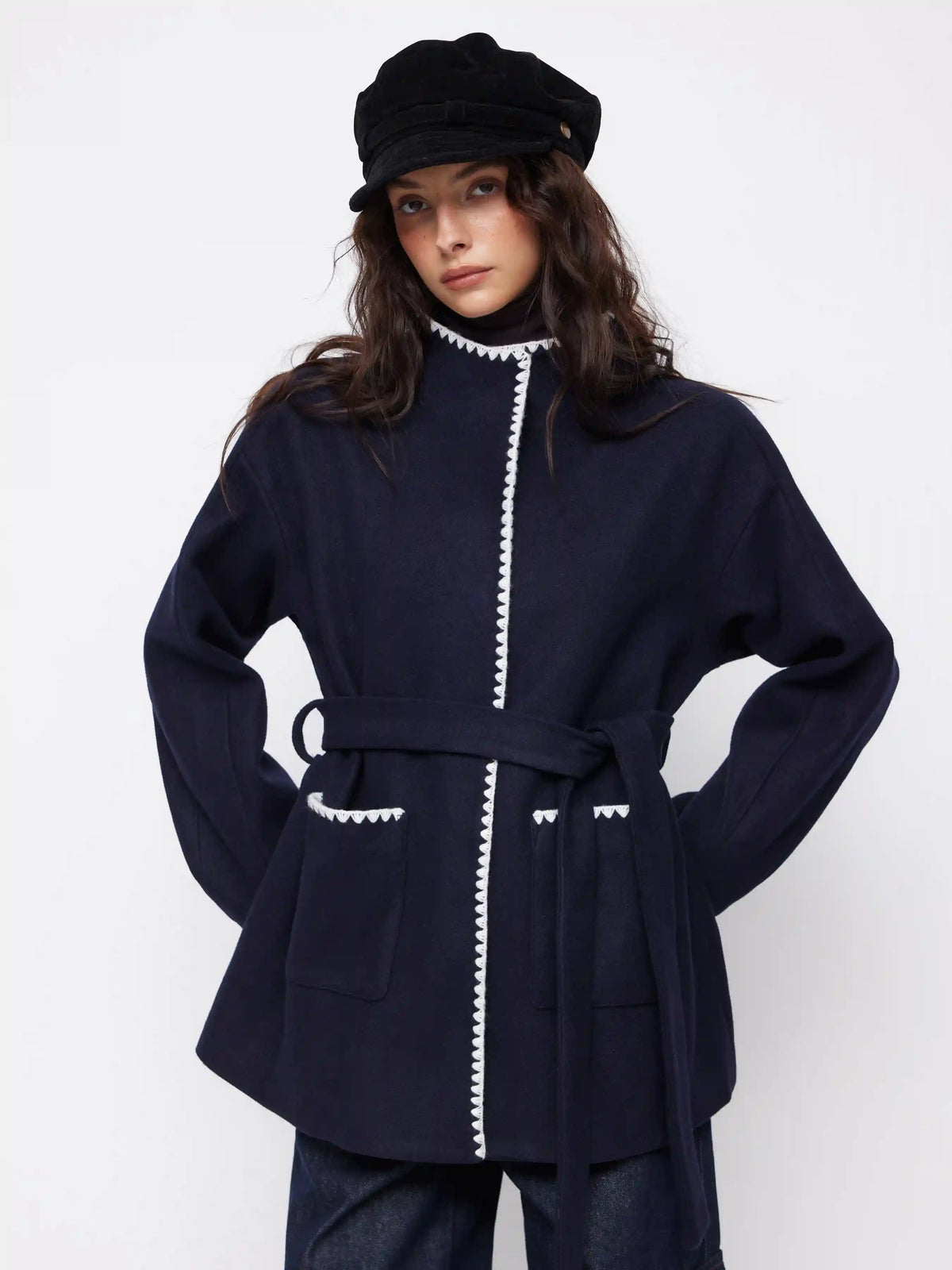 Wool-look Stand Collar Contrasting Binding Oversized Coat With Belt