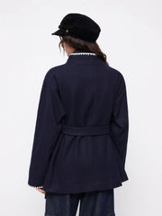 Wool-look Stand Collar Contrasting Binding Oversized Coat With Belt
