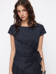 Striped Boat Neck Short Sleeve Wrap Knotted Top & Mid Rise Straight Leg Trousers Set