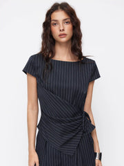 Striped Boat Neck Short Sleeve Wrap Knotted Top & Mid Rise Straight Leg Trousers Set