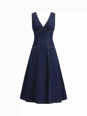 Stretch Denim V-Neck Flared Maxi Dress