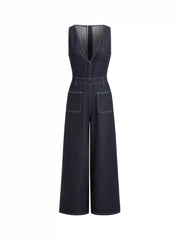 Denim V-Neck Wide Leg Jumpsuit