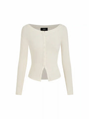 Boat Neck Button Long Sleeve Top