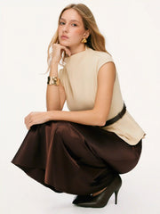 Stand Collar Cinched Waist Top With Belt & Zipper Mermaid Maxi Skirt Set