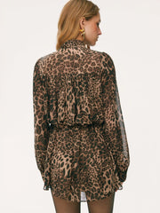 Chiffon Leopard Print Stand Collar Ruffled Oversized Babydoll Mini Dress