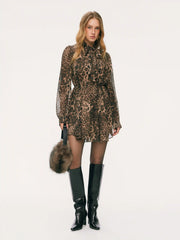 Chiffon Leopard Print Stand Collar Ruffled Oversized Babydoll Mini Dress