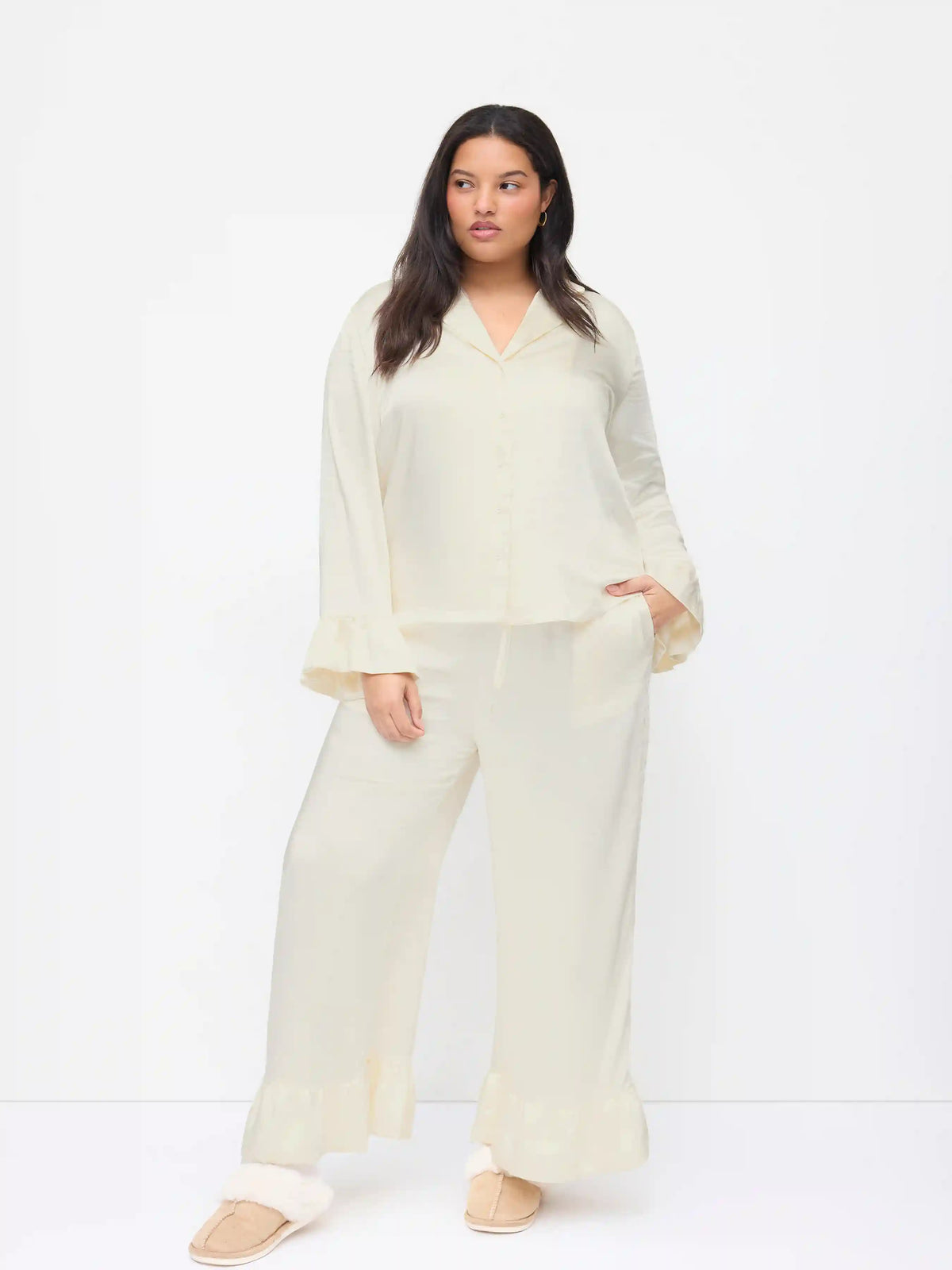 Satin Collar Oversized Top & High Rise Drawstring Wide Leg Trousers Loungewear Set Curve & Plus