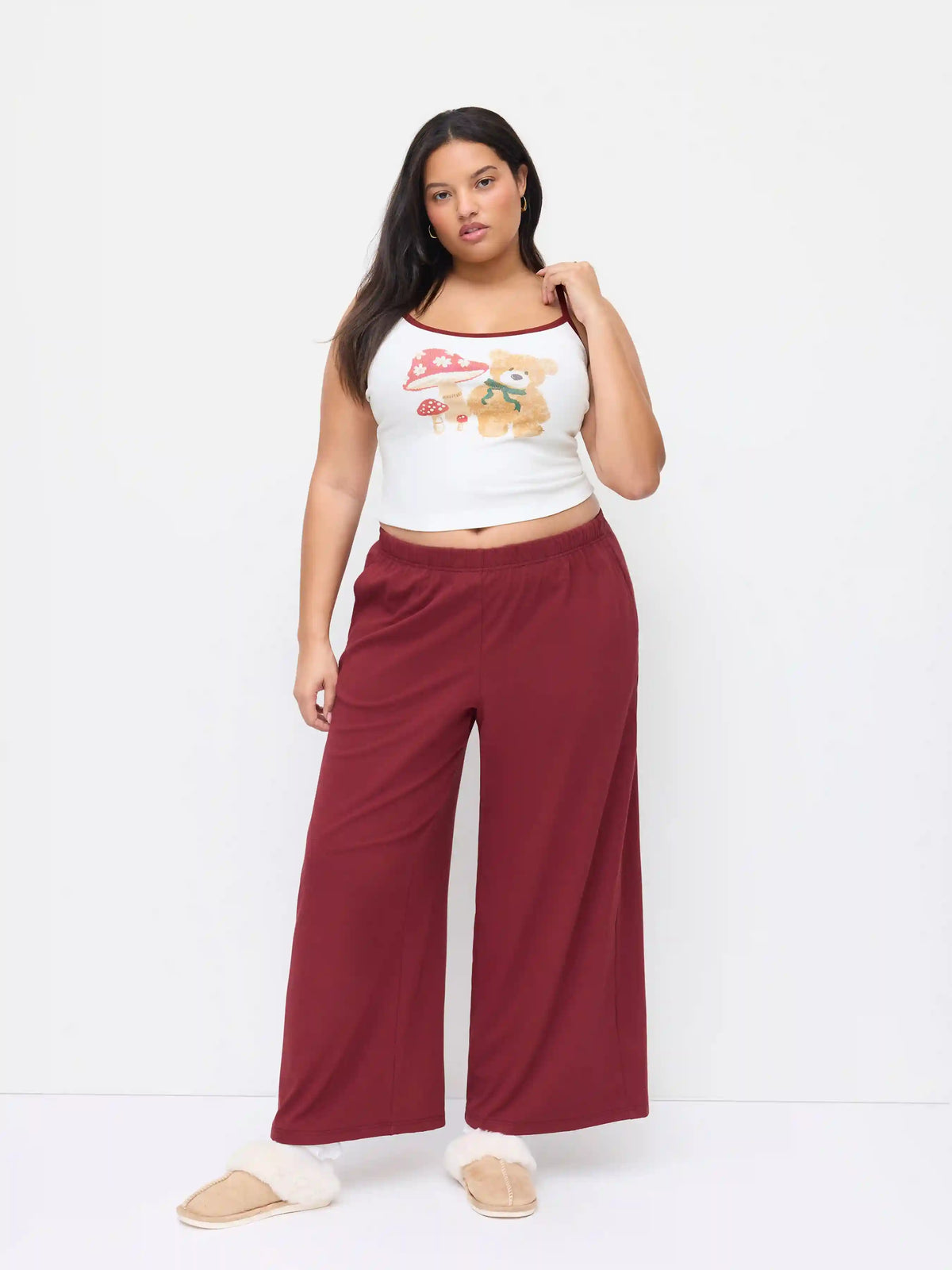 Mushroom & Bear Graphic Cotton-blend Cami Top & Mid Rise Wide Leg Trousers Loungewear Set Curve & Plus