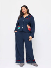 Christmas Dog Graphic Oversized Top & Mid Rise Wide Leg Trousers Loungewear Set Curve & Plus
