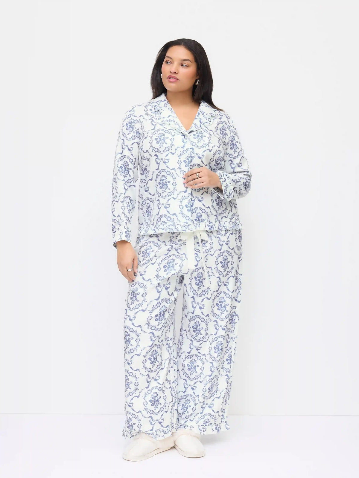 Collar Floral Oversized Top & Mid Rise Drawstring Wide Leg Trousers Loungewear Set Curve & Plus