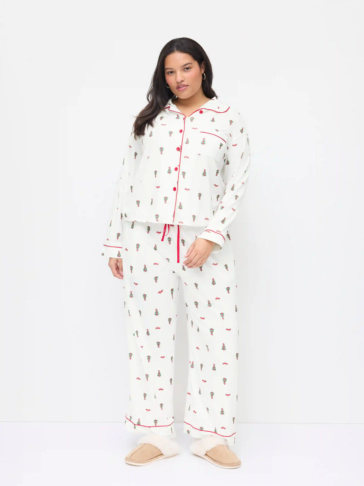 Christmas Graphic Oversized Top & Mid Rise Drawstring Wide Leg Trousers Loungewear Set Curve & Plus