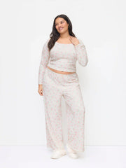 Jersey Square Neck Floral Bowknot Top & High Rise Straight Leg Trousers Loungewear Set Curve & Plus