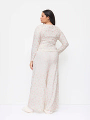 Jersey Square Neck Floral Bowknot Top & High Rise Straight Leg Trousers Loungewear Set Curve & Plus