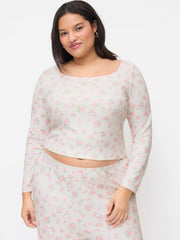 Jersey Square Neck Floral Bowknot Top & High Rise Straight Leg Trousers Loungewear Set Curve & Plus