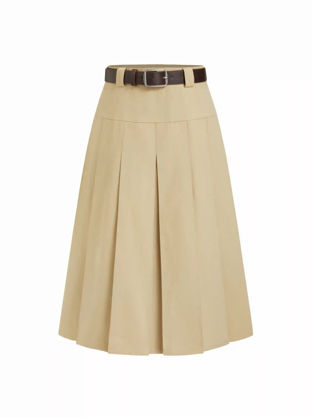 100%Cotton High Rise Pleated Midi Skirt With Belt