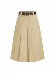 100%Cotton High Rise Pleated Midi Skirt With Belt