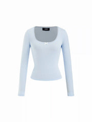 Pointelle U-neckline Bowknot Lace Tee