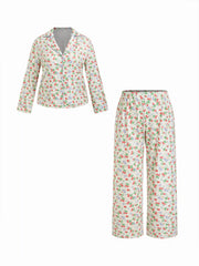 Strawberry Graphic Floral Oversized Top & Mid Rise Wide Leg Trousers Loungewear Set Curve & Plus