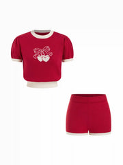 Knit Heart Cherry Graphic Contrasting Binding Puff Sleeve Top & Shorts Set