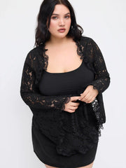 Lace Cotton-blend Bell Sleeve Oversized Crop Blouse Curve & Plus