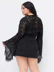 Lace Cotton-blend Bell Sleeve Oversized Crop Blouse Curve & Plus