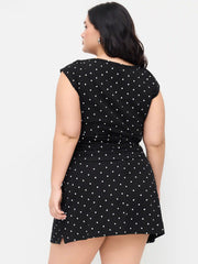 Cotton-blend Boat Neck Polka Dot Ruched Tee & Mini Skirt Curve & Plus