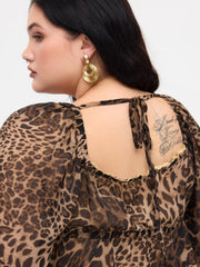 Chiffon Leopard Print Square Neck Knotted Ruffle Layered Peplum Blouse Curve & Plus