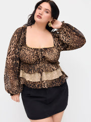 Chiffon Leopard Print Square Neck Knotted Ruffle Layered Peplum Blouse Curve & Plus