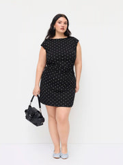 Cotton-blend Boat Neck Polka Dot Ruched Tee & Mini Skirt Curve & Plus