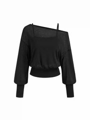 Cotton-blend Textured Asymmetrical Neck Lantern Sleeve Oversized Top & Cami Top