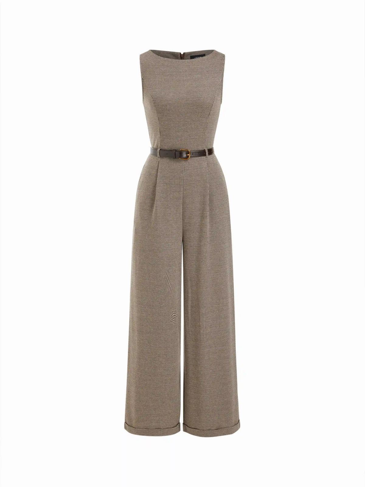 Houndstooth Boat Neck Zipper Wide Leg Jumpsuit With Belt