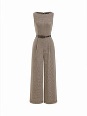 Houndstooth Boat Neck Zipper Wide Leg Jumpsuit With Belt