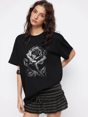 Cotton-blend Round Neckline Rose Graphic Oversized Longline Tee