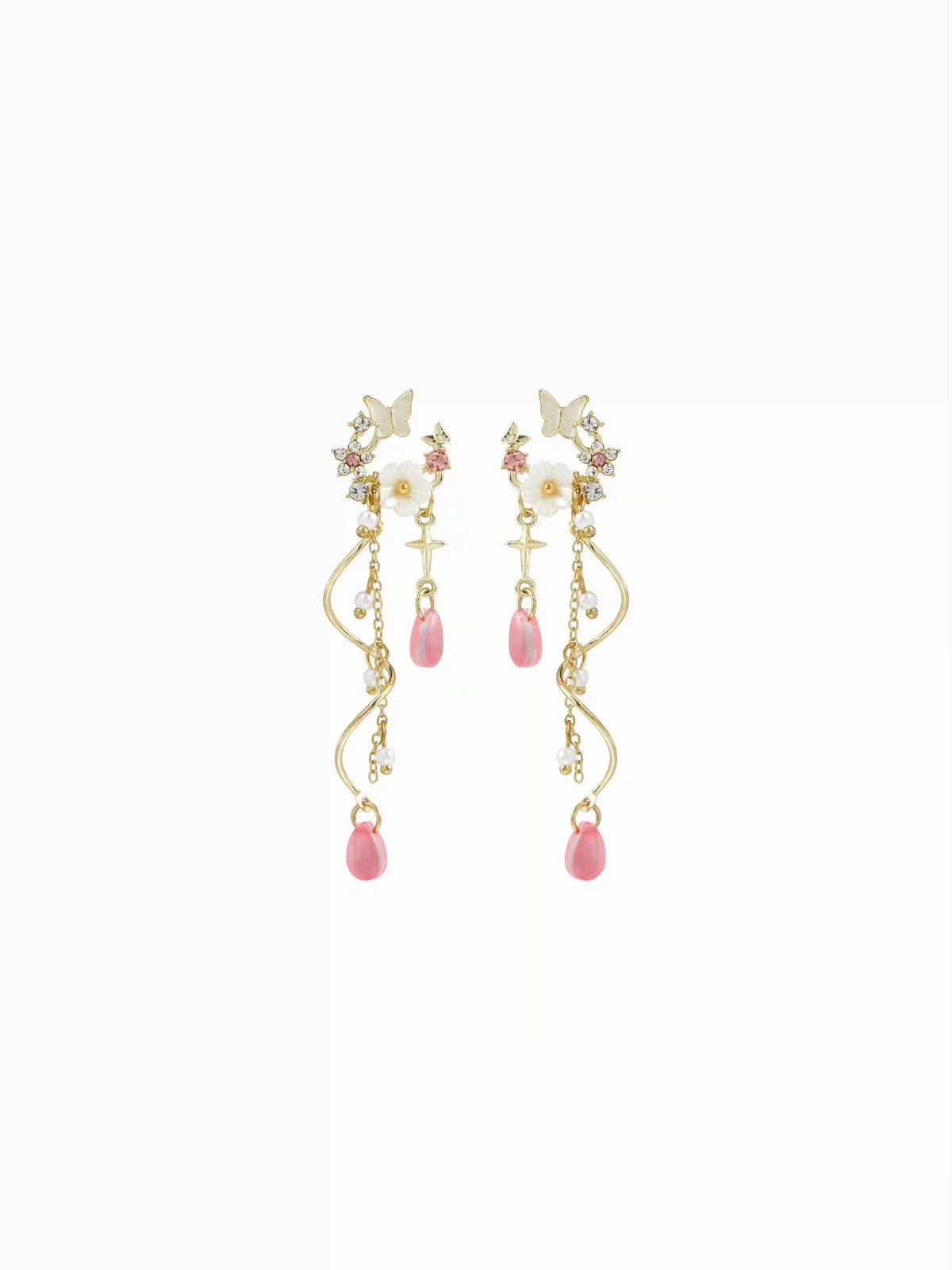 RHINESTONE DECOR FLOWER & BUTTERFLY & FAUX PEARL DROP EARRINGS