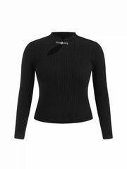 Knit Mandarin Collar Metal Detail Cut Out Top Curve & Plus
