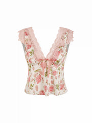 Satin V-neck Floral Bowknot Top & Low Rise Drawstring Lace Trim Shorts Loungewear Set