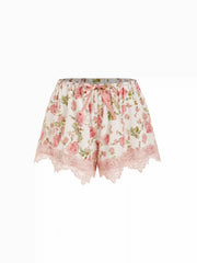 Satin V-neck Floral Bowknot Top & Low Rise Drawstring Lace Trim Shorts Loungewear Set