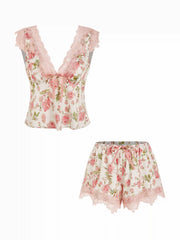 Satin V-neck Floral Bowknot Top & Low Rise Drawstring Lace Trim Shorts Loungewear Set