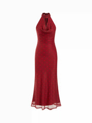 Chiffon Polka Dot Halter Neck Backless Maxi Dress